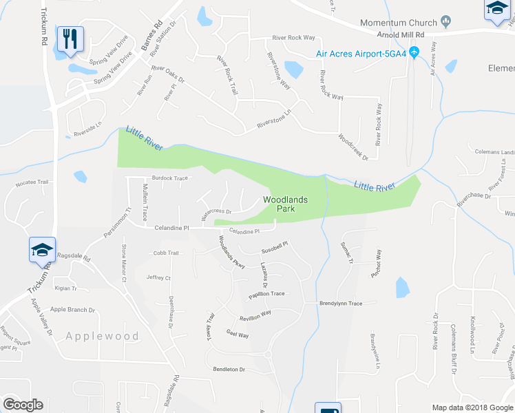 map of restaurants, bars, coffee shops, grocery stores, and more near 542 Watercress Drive in Woodstock