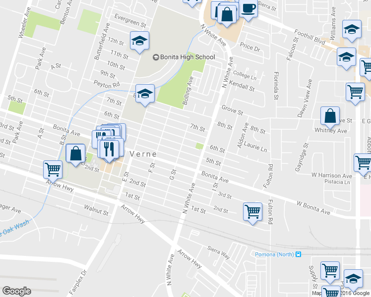 map of restaurants, bars, coffee shops, grocery stores, and more near 2419 5th Street in La Verne