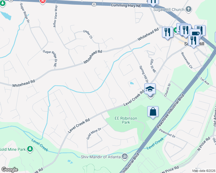 map of restaurants, bars, coffee shops, grocery stores, and more near Park Vale Drive in Gwinnett County