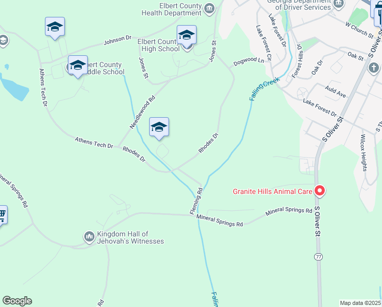 map of restaurants, bars, coffee shops, grocery stores, and more near 578 Rhodes Drive in Elberton