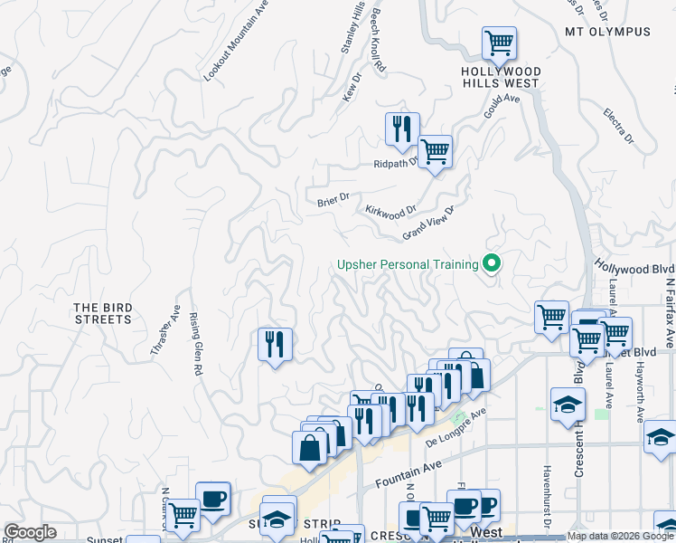 map of restaurants, bars, coffee shops, grocery stores, and more near 1700 North Queens Road in Los Angeles