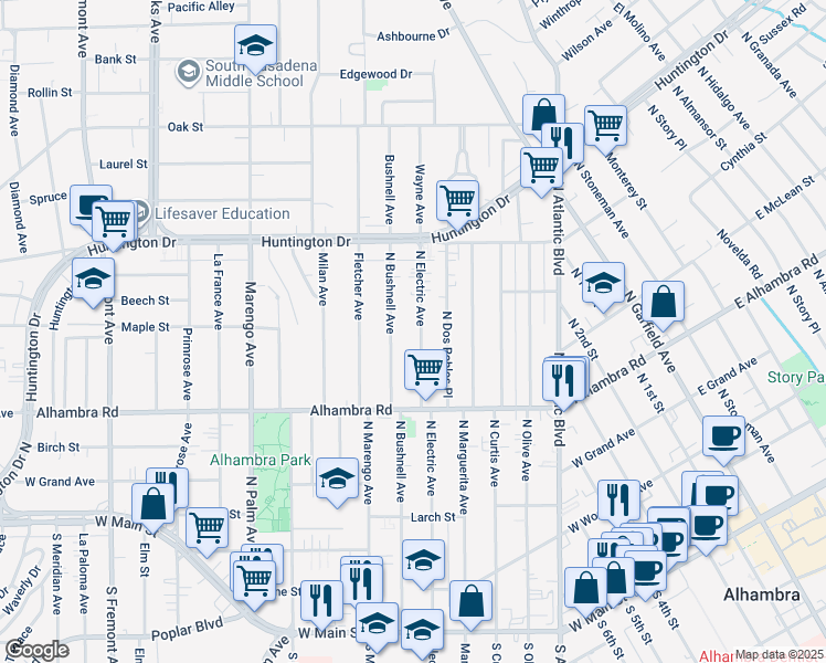 map of restaurants, bars, coffee shops, grocery stores, and more near 801 North Electric Avenue in Alhambra