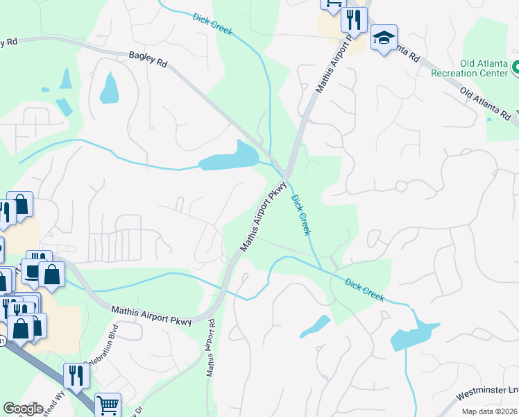 map of restaurants, bars, coffee shops, grocery stores, and more near Mathis Airport Parkway in Suwanee
