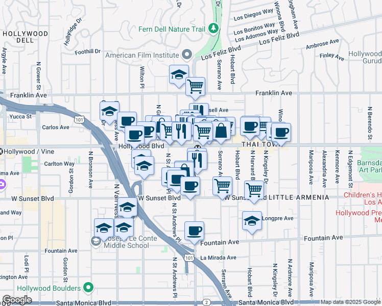 map of restaurants, bars, coffee shops, grocery stores, and more near 1671 N Western Ave in Los Angeles