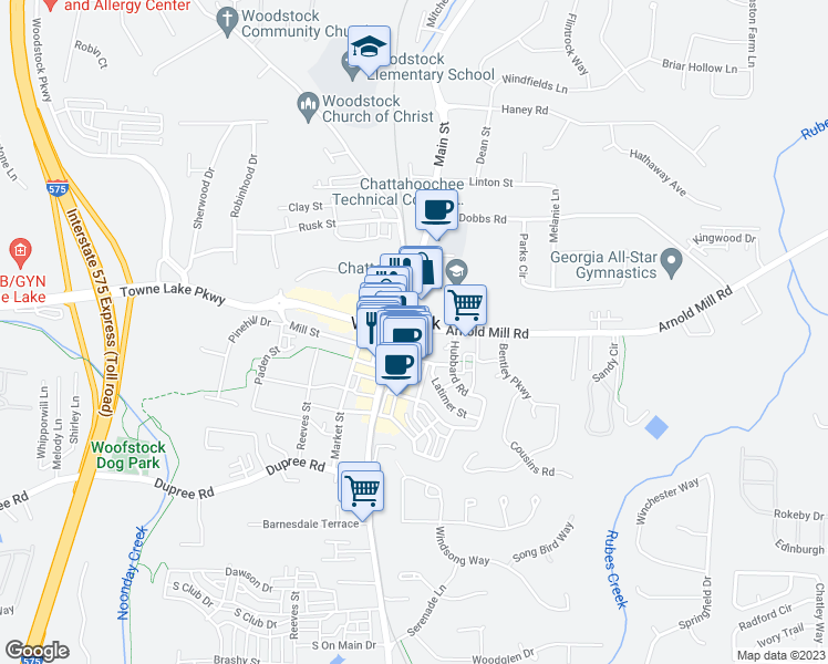 map of restaurants, bars, coffee shops, grocery stores, and more near 0 Arnold Mill Road in Woodstock