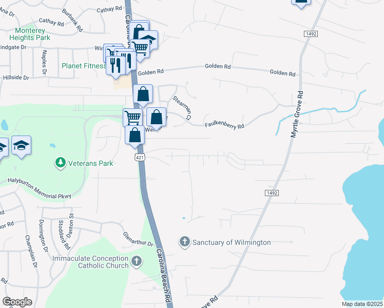 map of restaurants, bars, coffee shops, grocery stores, and more near 843 Myrtle Landing Place in Wilmington