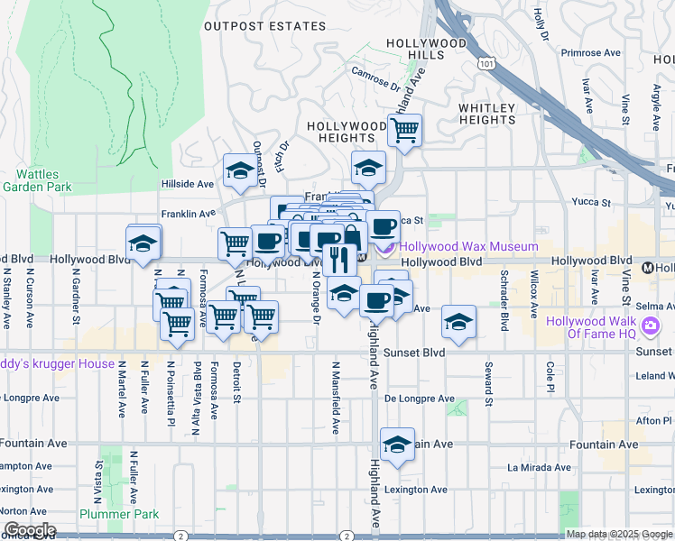 map of restaurants, bars, coffee shops, grocery stores, and more near 6925 Hollywood Boulevard in Los Angeles