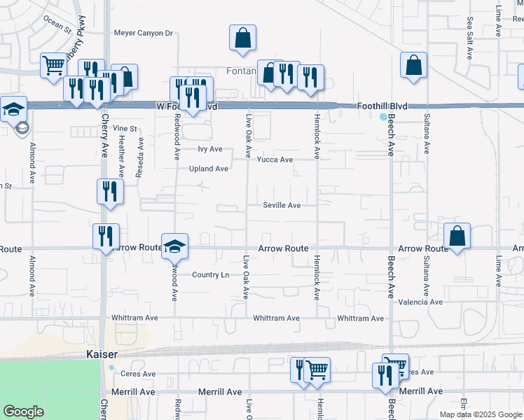 map of restaurants, bars, coffee shops, grocery stores, and more near 14960 Spring Street in Fontana