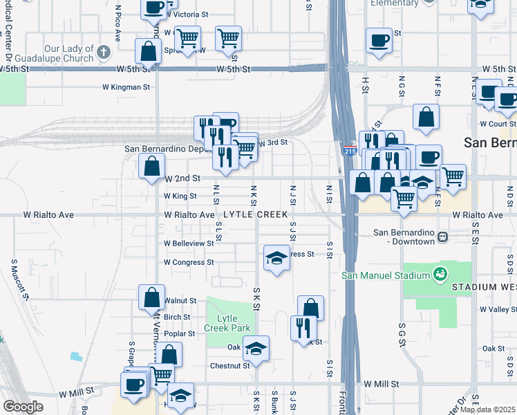 map of restaurants, bars, coffee shops, grocery stores, and more near 1096 West Rialto Avenue in San Bernardino