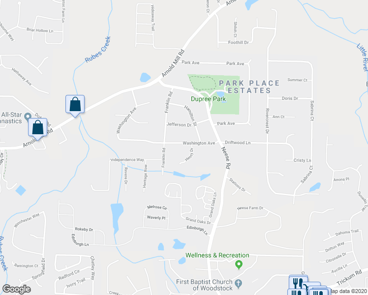map of restaurants, bars, coffee shops, grocery stores, and more near 1110 Washington Avenue in Woodstock