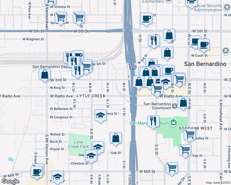 map of restaurants, bars, coffee shops, grocery stores, and more near 980 West Rialto Avenue in San Bernardino