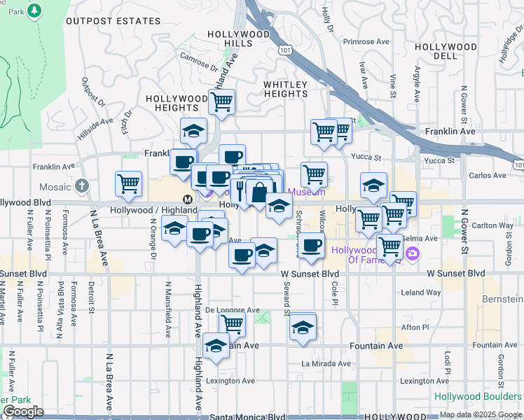 map of restaurants, bars, coffee shops, grocery stores, and more near 6646 Hollywood Boulevard in Los Angeles