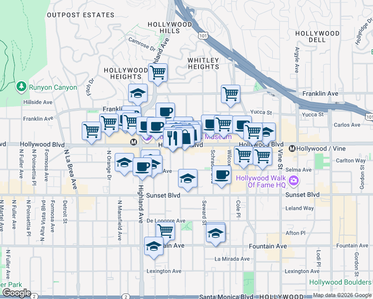 map of restaurants, bars, coffee shops, grocery stores, and more near 6646 Hollywood Boulevard in Los Angeles
