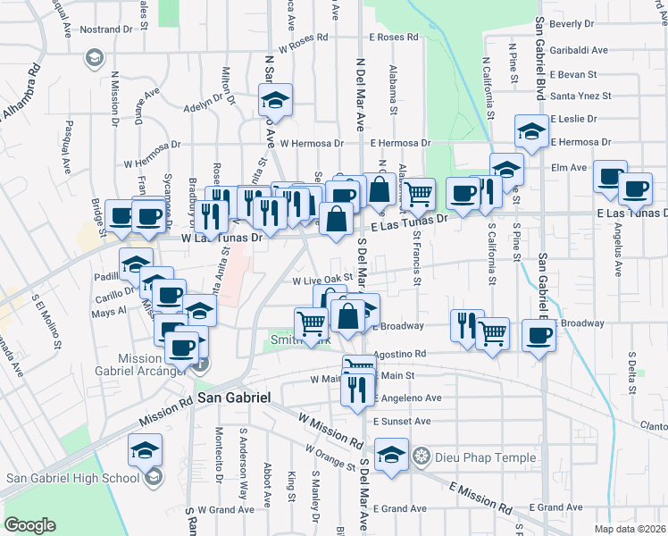 map of restaurants, bars, coffee shops, grocery stores, and more near 127 West Live Oak Street in San Gabriel