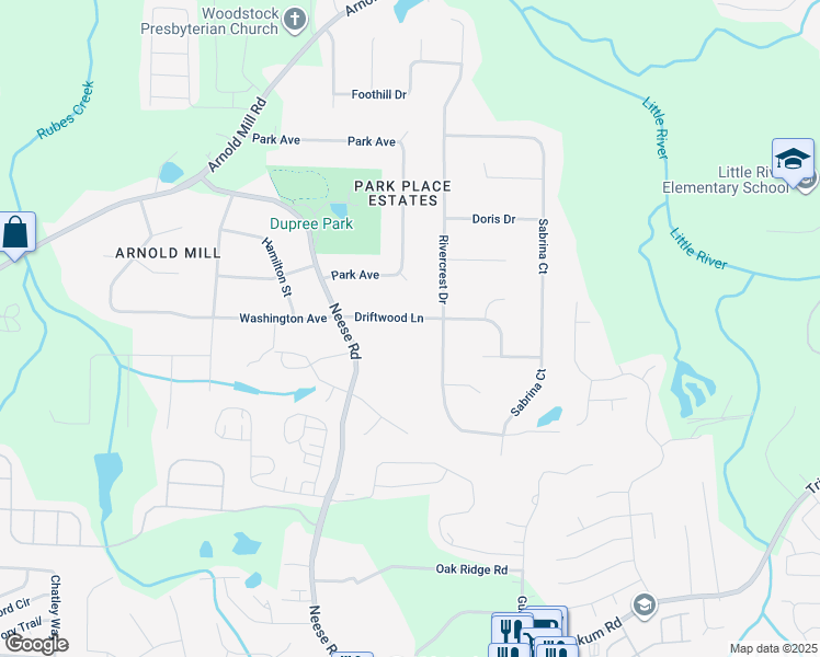 map of restaurants, bars, coffee shops, grocery stores, and more near 116 Driftwood Lane in Woodstock