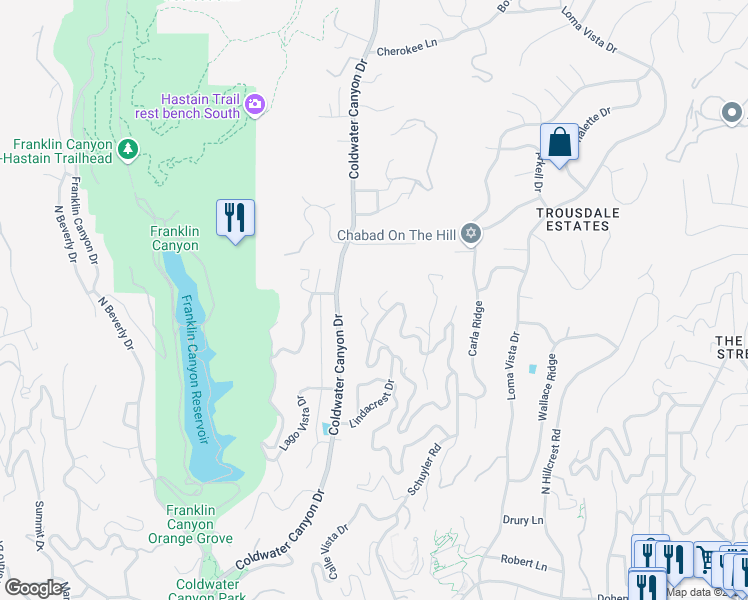 map of restaurants, bars, coffee shops, grocery stores, and more near 1667 Waynecrest Drive in Beverly Hills