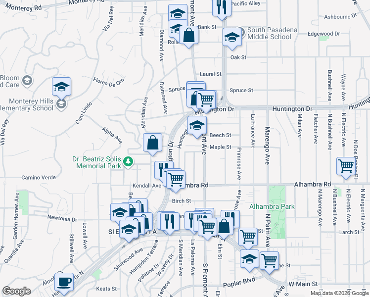 map of restaurants, bars, coffee shops, grocery stores, and more near 1328 Elm Park Street in South Pasadena