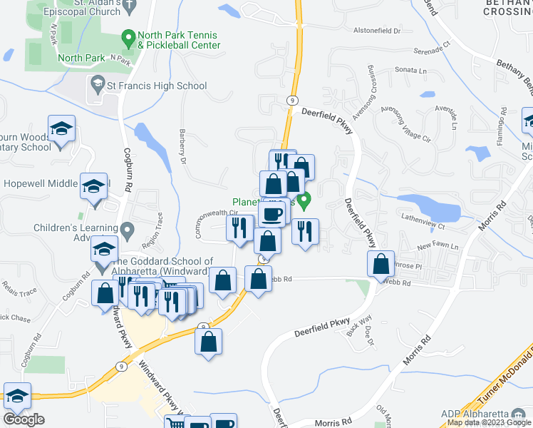 map of restaurants, bars, coffee shops, grocery stores, and more near 13127 Commonwealth Point in Alpharetta