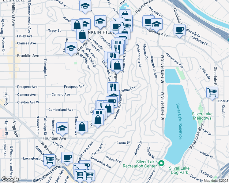 map of restaurants, bars, coffee shops, grocery stores, and more near 2241 Hyperion Avenue in Los Angeles