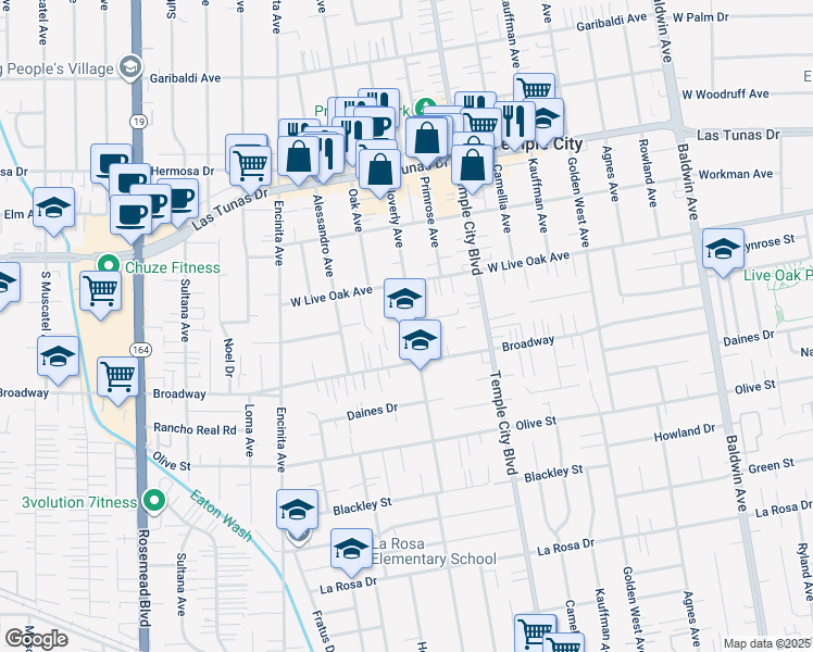 map of restaurants, bars, coffee shops, grocery stores, and more near 5605 Cloverly Avenue in Temple City