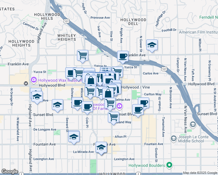 map of restaurants, bars, coffee shops, grocery stores, and more near 1645 Vine Street in Los Angeles