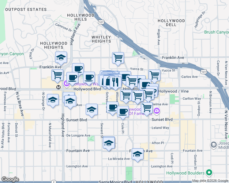 map of restaurants, bars, coffee shops, grocery stores, and more near 1650 Schrader Boulevard in Los Angeles