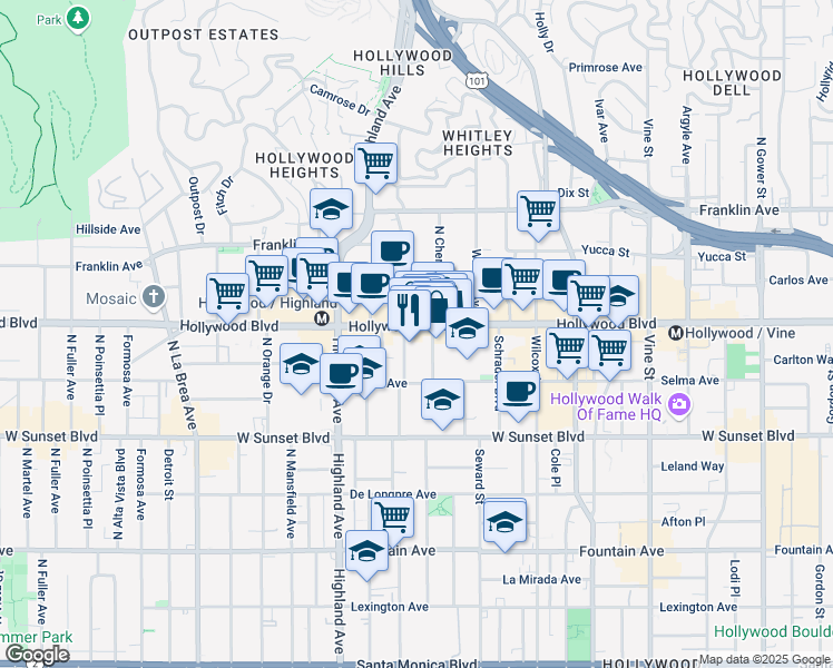 map of restaurants, bars, coffee shops, grocery stores, and more near 6633 Hollywood Boulevard in Los Angeles