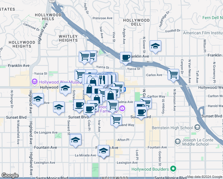 map of restaurants, bars, coffee shops, grocery stores, and more near in Los Angeles
