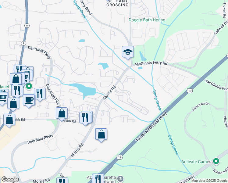 map of restaurants, bars, coffee shops, grocery stores, and more near 13125 Morris Road in Milton