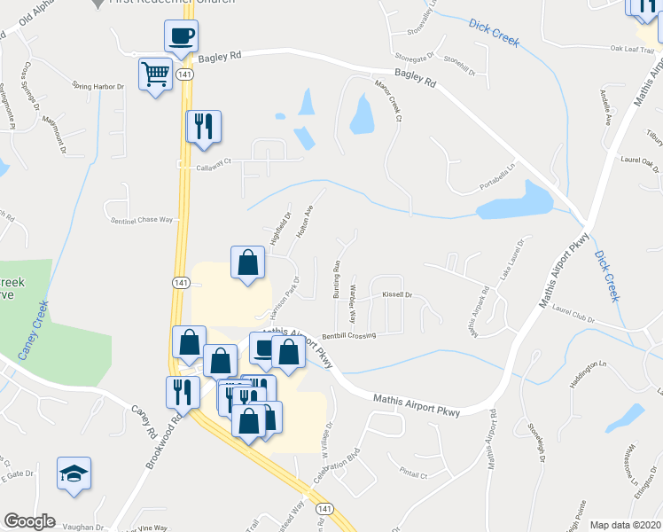 map of restaurants, bars, coffee shops, grocery stores, and more near 3195 Bunting Run in Cumming