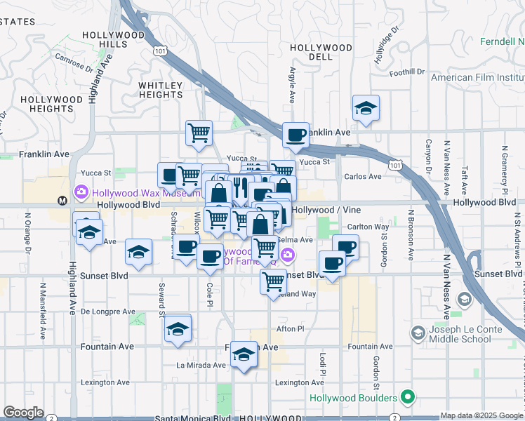 map of restaurants, bars, coffee shops, grocery stores, and more near 1645 Vine Street in Los Angeles
