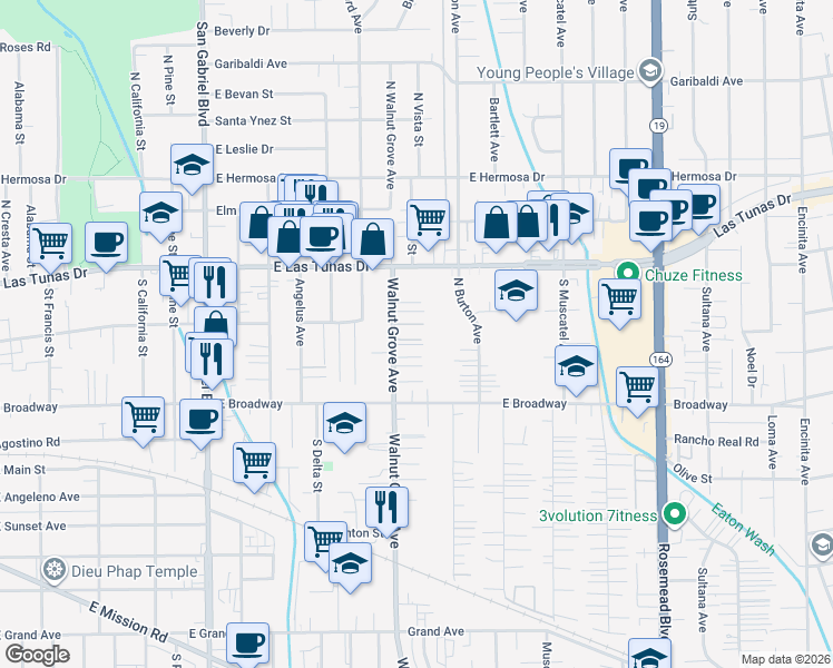 map of restaurants, bars, coffee shops, grocery stores, and more near 5770 Walnut Grove Avenue in San Gabriel