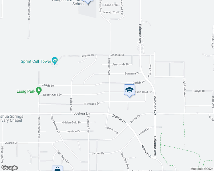 map of restaurants, bars, coffee shops, grocery stores, and more near 58175 Carlyle Drive in Yucca Valley
