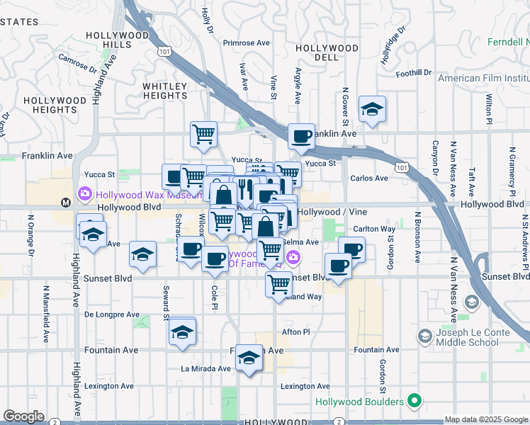 map of restaurants, bars, coffee shops, grocery stores, and more near 6318 Hollywood Boulevard in Los Angeles