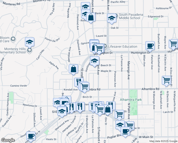 map of restaurants, bars, coffee shops, grocery stores, and more near 1328 Elm Park Street in South Pasadena