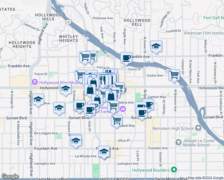 map of restaurants, bars, coffee shops, grocery stores, and more near 1645 Vine Street in Los Angeles