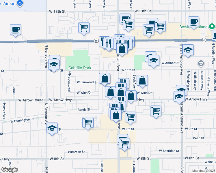 map of restaurants, bars, coffee shops, grocery stores, and more near 553 North Mountain Avenue in Upland