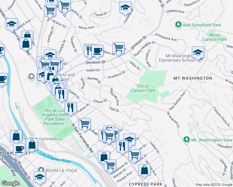 map of restaurants, bars, coffee shops, grocery stores, and more near 1538 Randall Court in Los Angeles