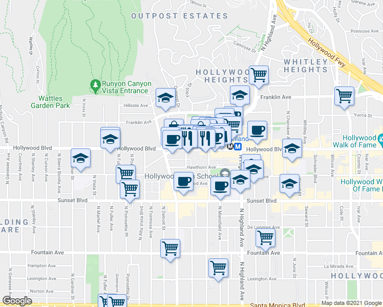 map of restaurants, bars, coffee shops, grocery stores, and more near 7036 Hollywood Blvd in Los Angeles