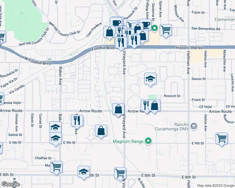 map of restaurants, bars, coffee shops, grocery stores, and more near 8853 Applewood Drive in Rancho Cucamonga