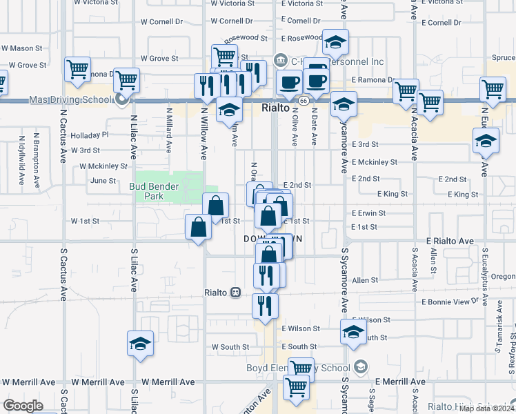 map of restaurants, bars, coffee shops, grocery stores, and more near 117 North Orange Avenue in Rialto