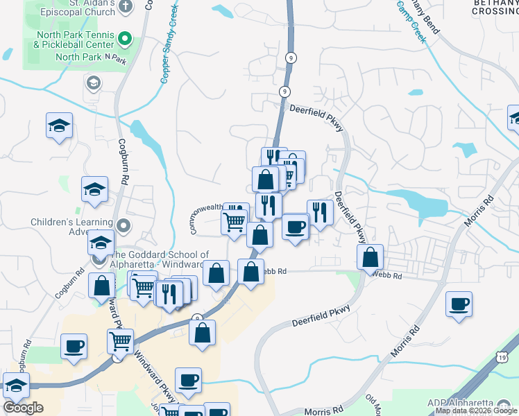 map of restaurants, bars, coffee shops, grocery stores, and more near 13125 Commonwealth Point in Alpharetta