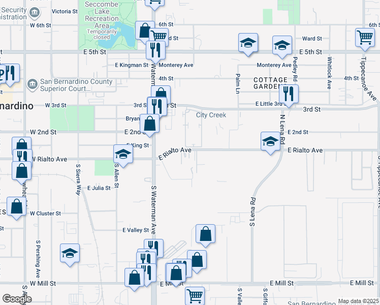 map of restaurants, bars, coffee shops, grocery stores, and more near 447 East Rialto Avenue in San Bernardino