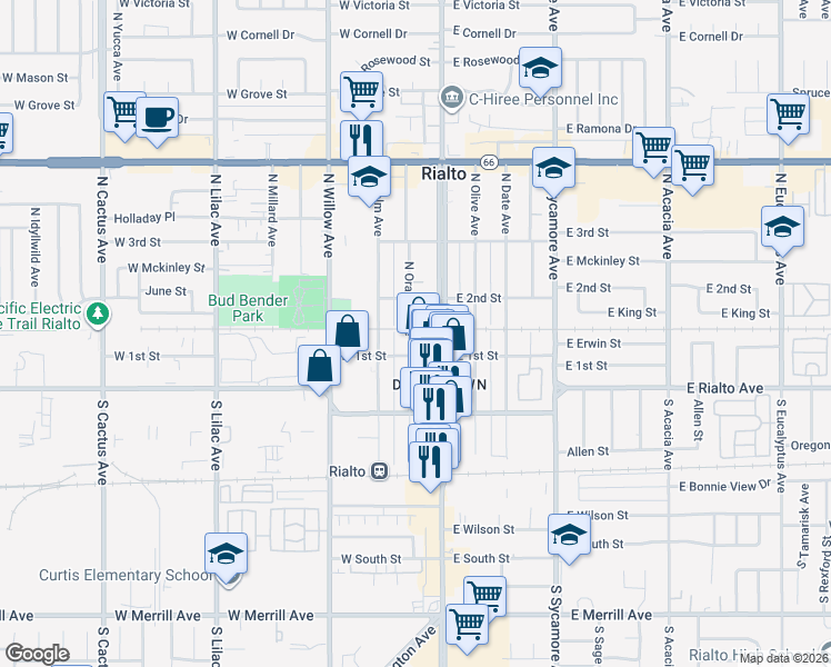 map of restaurants, bars, coffee shops, grocery stores, and more near 106 North Orange Avenue in Rialto