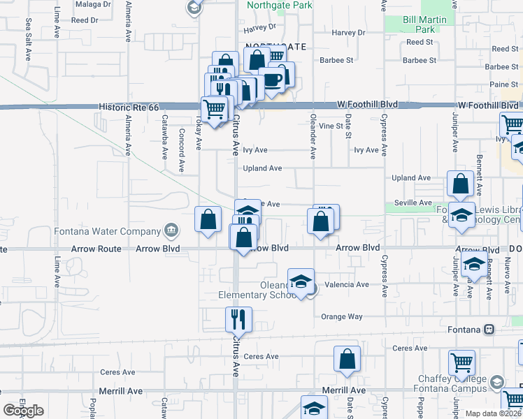 map of restaurants, bars, coffee shops, grocery stores, and more near 16185 Seville Avenue in Fontana