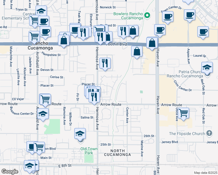 map of restaurants, bars, coffee shops, grocery stores, and more near 8421 Western Trail Place in Rancho Cucamonga