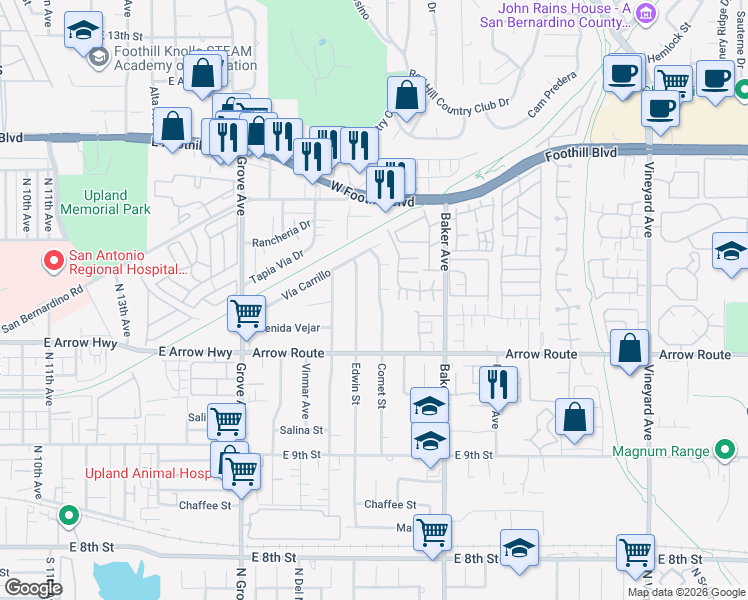 map of restaurants, bars, coffee shops, grocery stores, and more near 8405 Comet Street in Rancho Cucamonga