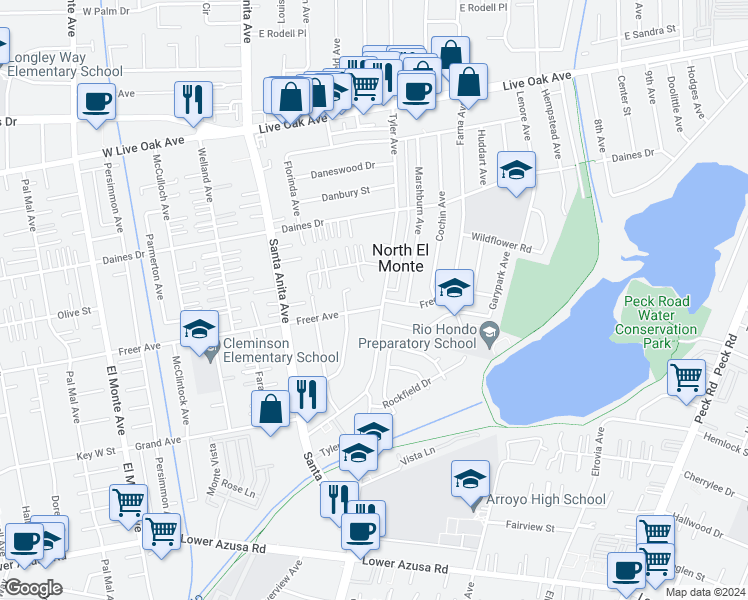 map of restaurants, bars, coffee shops, grocery stores, and more near 11155 Freer Street in Temple City