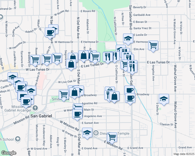 map of restaurants, bars, coffee shops, grocery stores, and more near 300 East Live Oak Street in San Gabriel