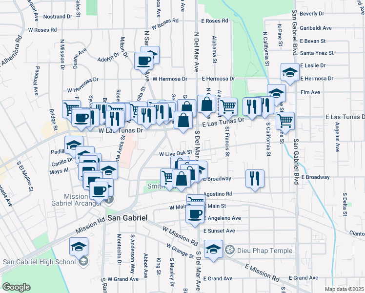 map of restaurants, bars, coffee shops, grocery stores, and more near 127 West Live Oak Street in San Gabriel